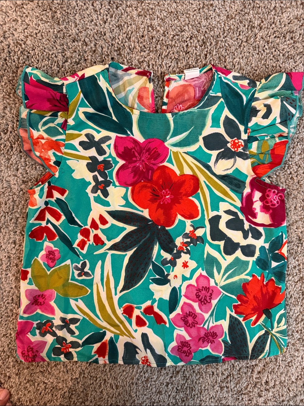SHEIN Teal Floral Flutter Sleeve Top with Pink & Red Accents